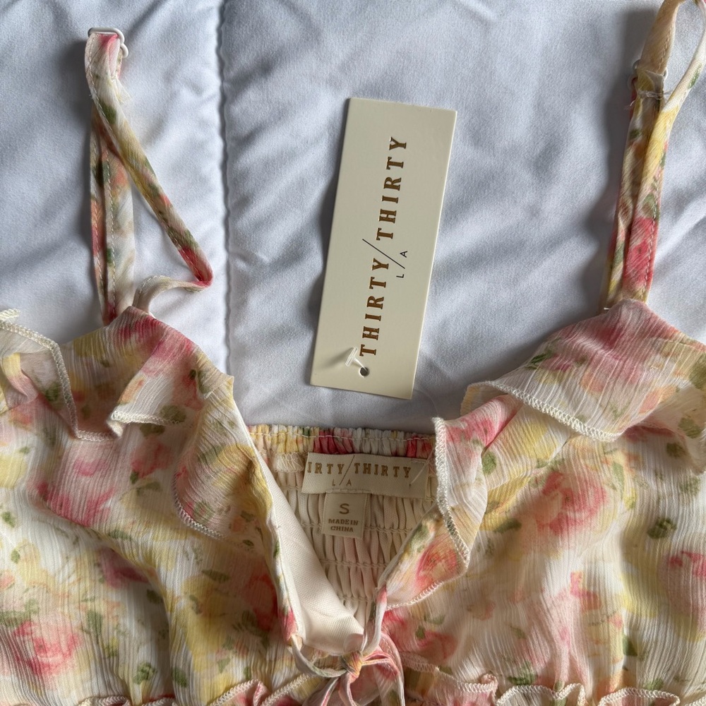 Coquette Floral Tie Front Ruffle Crop Top NWT Pink Yellow Small - Picture 5 of 9